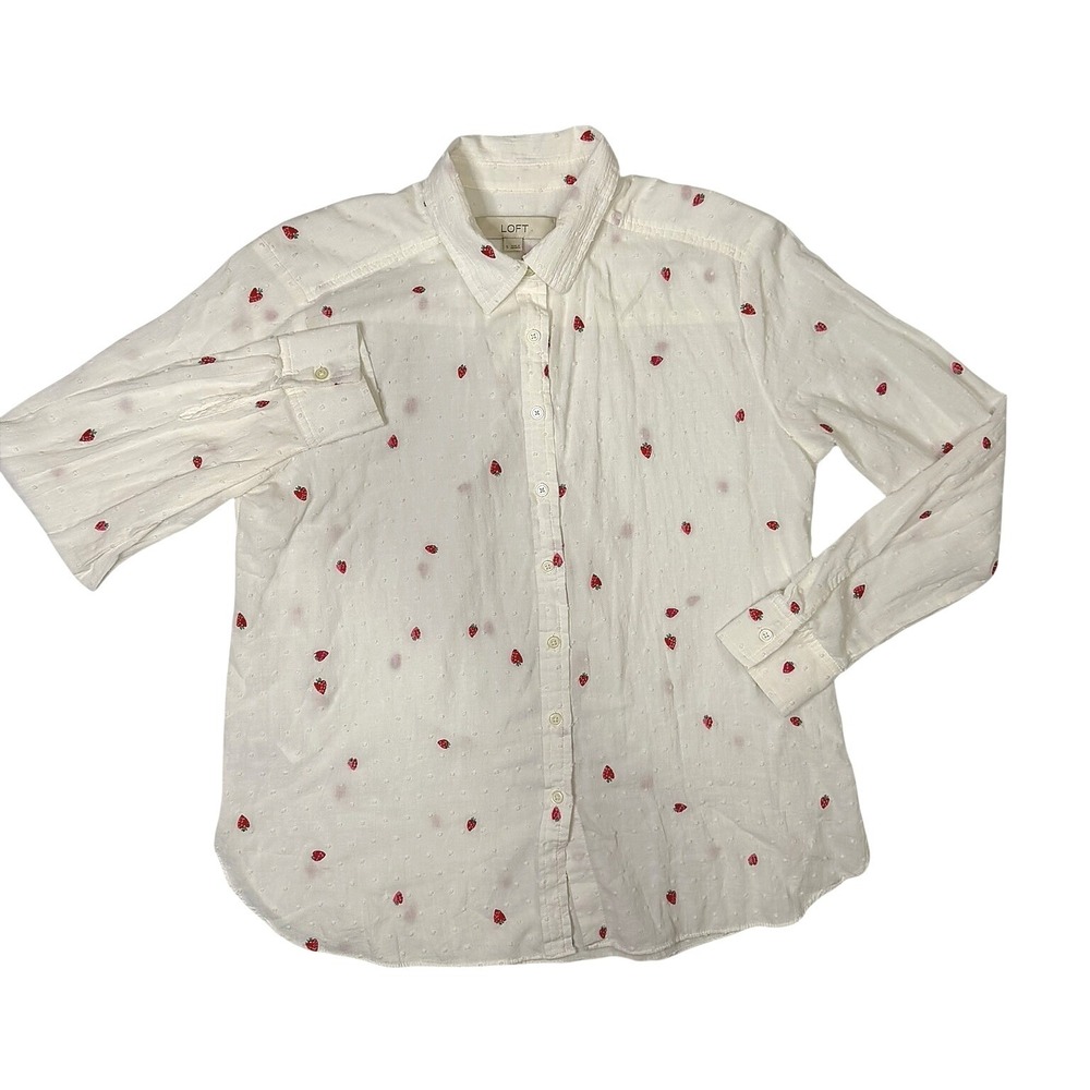Loft Womens White Swiss Dot Strawberry Embroidered Button Down Shirt Small